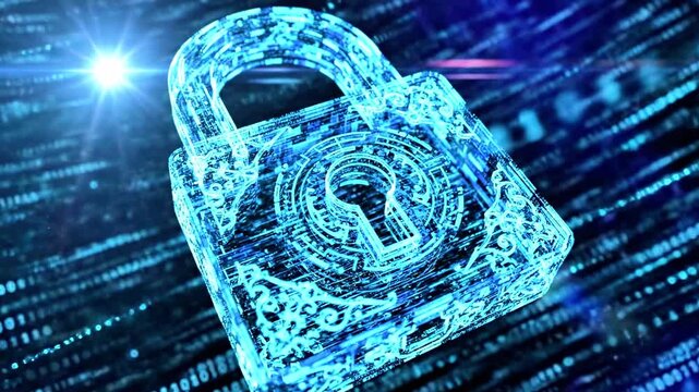 Glowing blue digital padlock amid streaming binary lines, symbolizing cyber security and access now