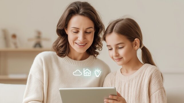 Family digital safety concept for cybersecurity services, parental control software, and online protection platforms. Data privacy, secure internet usage, and child safety technology marketing