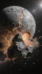 A giant rocky planet dramatically cracks open, revealing glowing orange magma and fiery energy amidst a star-filled cosmos with distant galaxies.