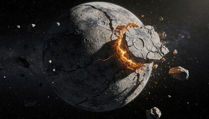 A massive rocky planet shatters in deep space, revealing a fiery molten core and scattering debris across the dark, star-filled cosmos.