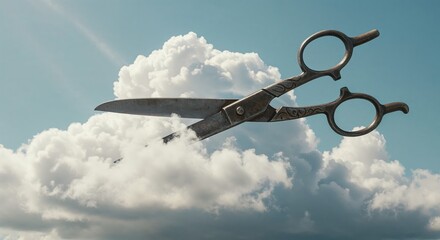 Giant antique ornate scissors dramatically cut through a fluffy white cloud against a clear blue sky, creating a surreal and imaginative scene.