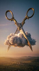 Giant ornate antique scissors dramatically cut through a fluffy white cloud in a surreal sky above a tranquil rural landscape bathed in golden hour light.
