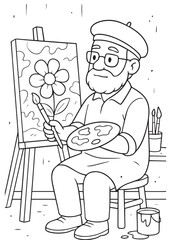 Coloring Book Father Painter Painting Colorful Flower on Canvas in Studio