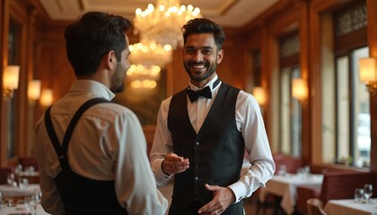 Smiling Indian waiter in uniform talks with customer inside elegant fine dining restaurant. Staff provides polite service in upscale eatery with attentive hospitality and professional teamwork.