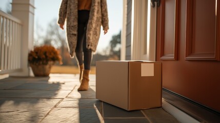 Package placed at home entrance illustrating last mile delivery and customer experience. Concept highlights logistics efficiency, ecommerce growth and modern consumer behavior