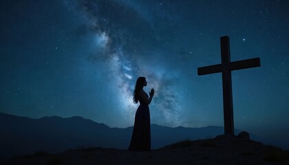 Woman prays near wooden cross under starry night sky. Silhouette of person in prayer, reflecting on faith and hope. Cosmic backdrop with milky way, symbolizing spiritual connection and devotion.