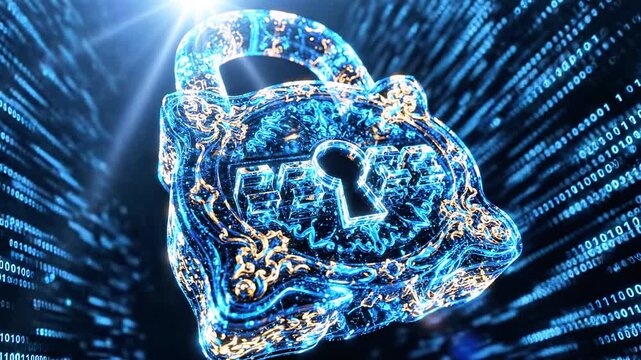 A glowing blue cyber lock floats amid streaming digital code and radiant network lights, pulsing now