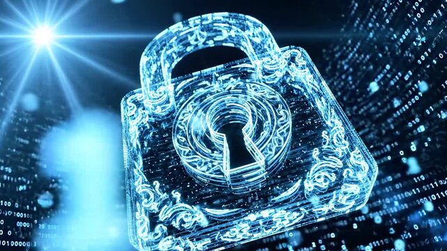 A glowing neon padlock formed from circuitry sits in a blue cyber matrix symbolizing digitalsecurity