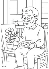 Coloring Book Father Painter Painting Flower Pot on Easel Outdoors