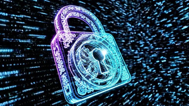 Neon padlock glows in cyberspace amid streaming data trails and digital security glow, guarding. now