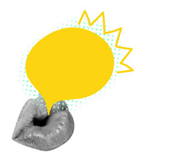 Textured newspaper-style lips with naive bubble collage design. Expressive talk show artwork with space for message