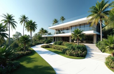 Fototapeta premium Modern white multi-story villa with glass balconies. Rich green gardens and tall palm trees surround the luxury residence. A wide white driveway leads to the entrance with stairs.
