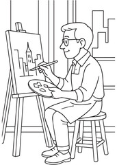 Coloring Book Father Painter Painting Tall City Building on Canvas