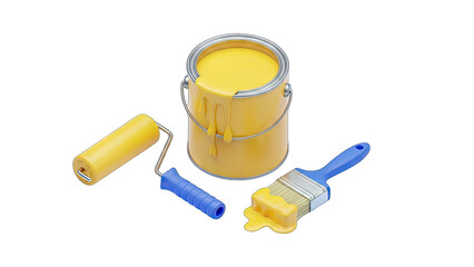 Yellow Paint Can, Roller and Brush with Paint on White Background