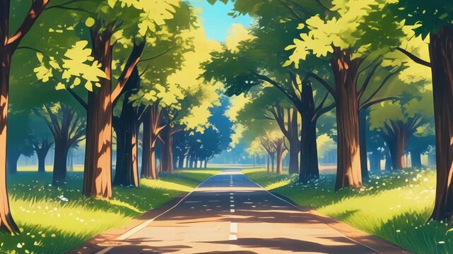 Sunny Tree Lined Road Leading to Bright Horizon in Lush Green Park