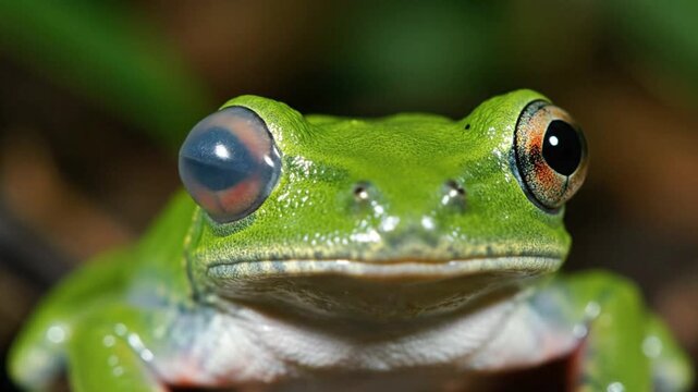 A striking close-up of a vibrant green tree frog with large, captivating eyes, showcasing its intricate skin texture in a natural habitat.