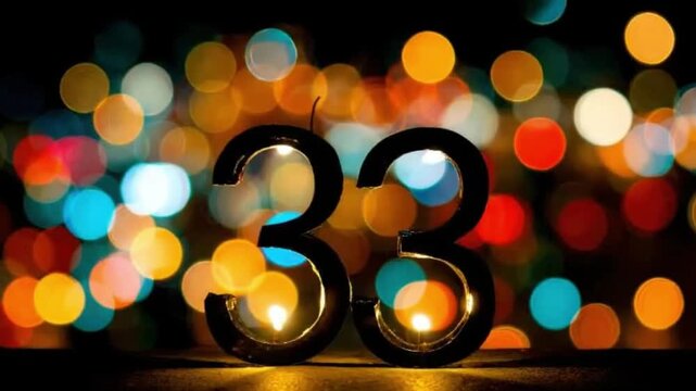 Number thirty-three candles are lit against a beautifully blurred background of colorful city lights at night. The warm flames flicker gently, creating a festive and celebratory atmosphere. This elega
