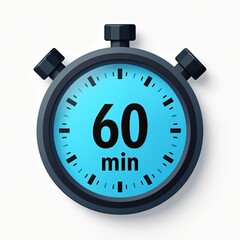 Sixty minute stopwatch timer, countdown clock face. Measure time, set alarm, track activity. Chronometer graphic, modern blue dial with black numbers.