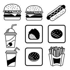 Fast food delight showcasing tasty burgers, hotdog, fries, and refreshing drinks, perfect for menus, promotions, and food-related designs, originally vector