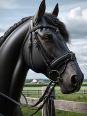 A majestic close-up portrait of a stunning black horse wearing an intricate leather bridle with decorative fringe.