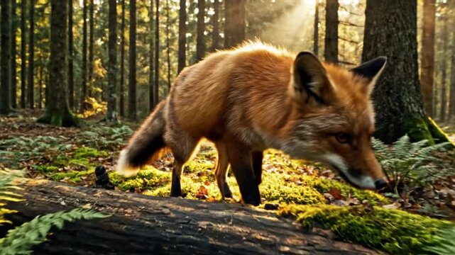 A beautiful red fox walks gracefully on a moss-covered log in a sun-drenched forest, with golden light filtering through the trees.