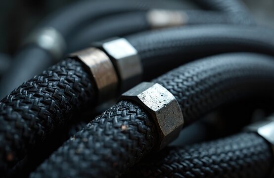 Close view of braided industrial hoses with metal connectors. Flexible tubes form a complex system. Mechanical parts connect in heavy industry factory.