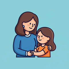 A stylized illustration of a mother and daughter embracing, conveying warmth and love with their gentle smiles and clasped hands against a soft blue background.
