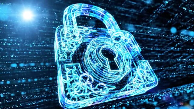 Glowing blue digital padlock surrounded by streaming data lines and glowing particles in cyberspace