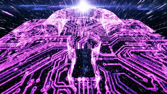 A luminous purple hexagonal circuitry core floats in deep space, starry streaks of quantum glow now