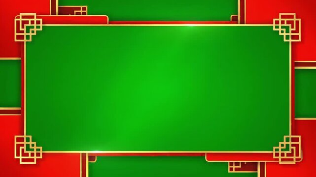 A vibrant green rectangular frame with red borders and intricate gold Chinese traditional patterns in the corners, set against a layered red and green background.