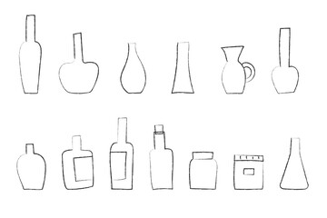 瓶や花瓶の手書きの線画イラストセット