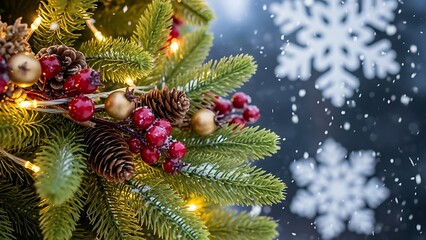 Fototapeta premium A close-up view of a decorated Christmas tree branch with lights and pinecones, perfect for festive holiday greetings and winter scenes