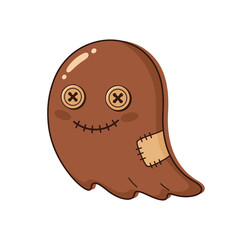 A cute, brown, ghost-shaped toy with button eyes, stitched mouth, and a patch. It's on a white background.