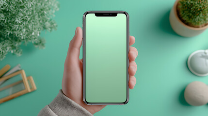 スマートフォンを手に持つナチュラルデスク風イメージ