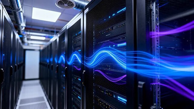 Server room with glowing data streams