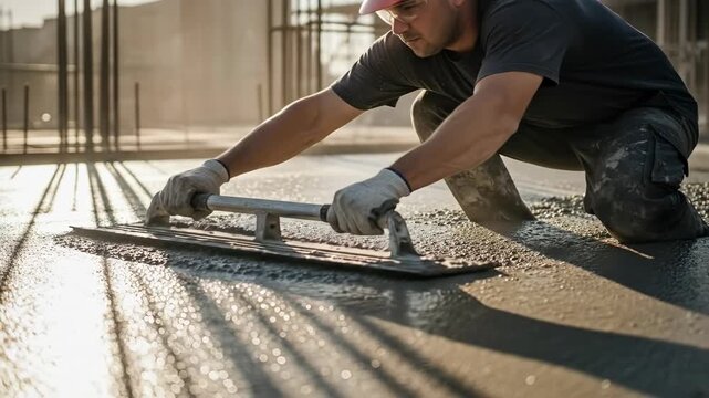 Skilled worker smoothing fresh concrete surface on construction site at sunset