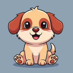 Fototapeta premium A charming, cartoonish puppy with big, soulful eyes, floppy ears, and a wide, happy grin sits patiently against a muted blue background, looking adorable.