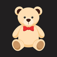 Obraz premium A cute, cartoonish teddy bear with a red bow tie sits against a black background, its arms and legs spread slightly.