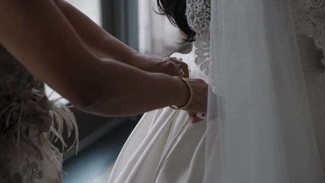 Hands Fastening Bridal Gown Buttons At Back, Tender Support As Delicate Closures Are Secured Beneath Veil In Softly Lit Suite, Emotional