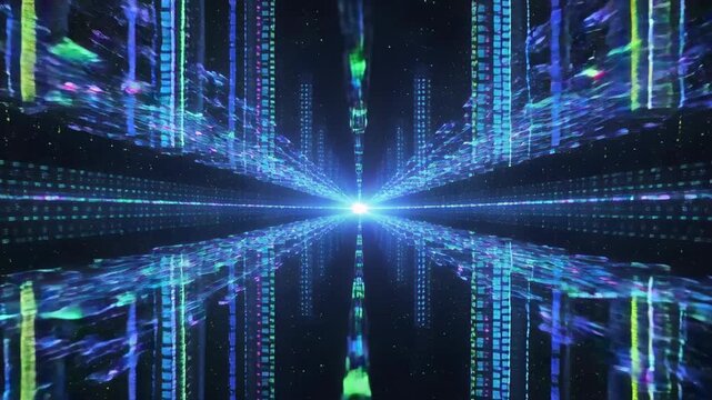 Abstract Digital Display with Glitching Multi Colored Rectangular Blocks and Geometric Patterns on Black Background