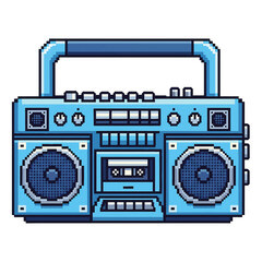 Fototapeta premium Pixel art of a blue boombox with dual speakers and a cassette deck, evoking retro 80s or 90s vibes.