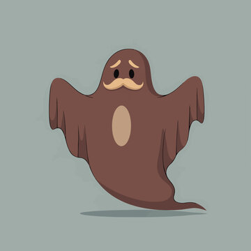 A cartoon ghost with a mustache and a sad expression floats against a plain grey background.