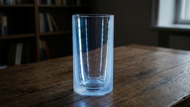 Elegant Clear Glass Vase on Rustic Brown Wood Table with Soft Studio Lighting in Front of Bookshelf