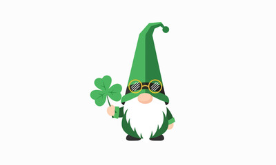 A whimsical illustration of a green gnome holding a shamrock, celebrating St. Patrick's Day.