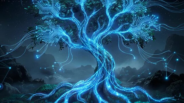 Luminous Tree Of Life With Glowing Blue Light And Root System In A Misty Mountain Landscape At Night