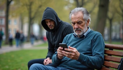 Man in hoodie watches senior man using smartphone on park bench. Suspicious figure observes elderly person. Potential threat, crime concern, data security, public place danger.