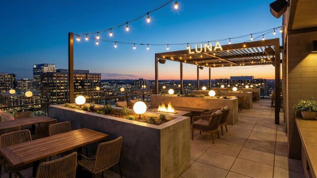 Rooftop Patio with String Lights and City Skyline at Twilight
