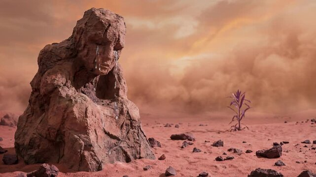 Sad Stone Sculpture Weeping On Red Desert Landscape With Lonely Plant Against Orange Sky