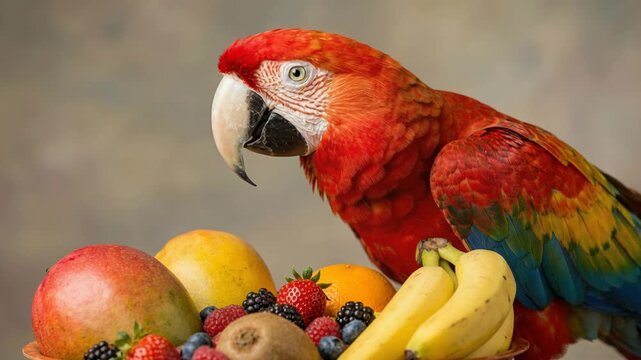 Scarlet Macaw with Colorful Plumage Resting Among Assorted Fresh Fruits in a Brown Bowl Against a Muted Background
