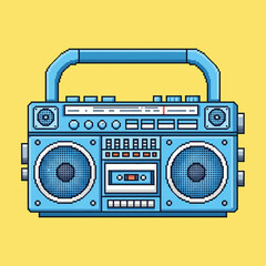 Fototapeta premium A vibrant blue pixel art boombox with two speakers, a cassette player, and a handle, set against a bright yellow background, capturing a retro 8-bit aesthetic.
